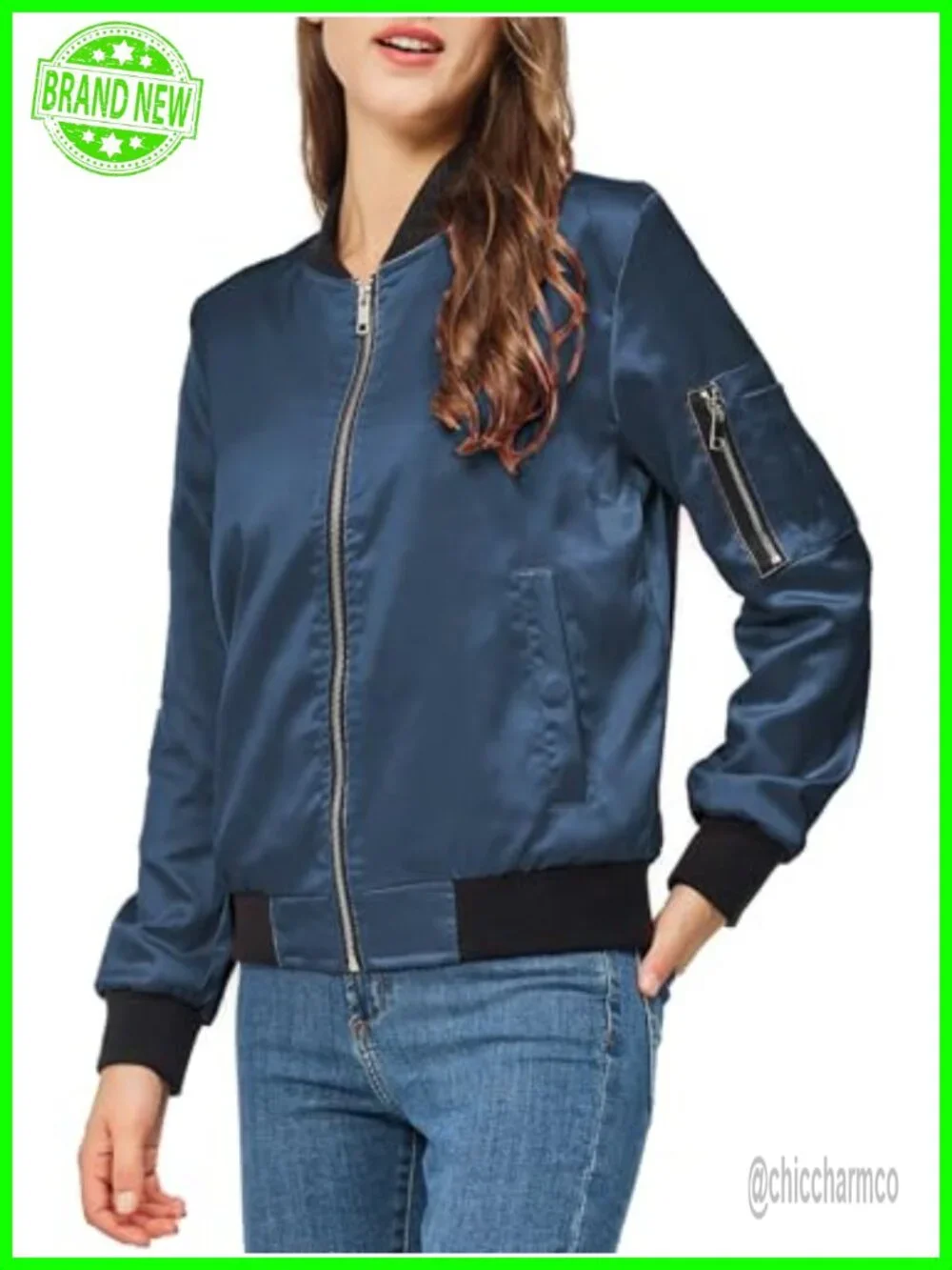 Satin Bomber Jacket Women Casual Zip Up Varsity Windbreaker with Pockets